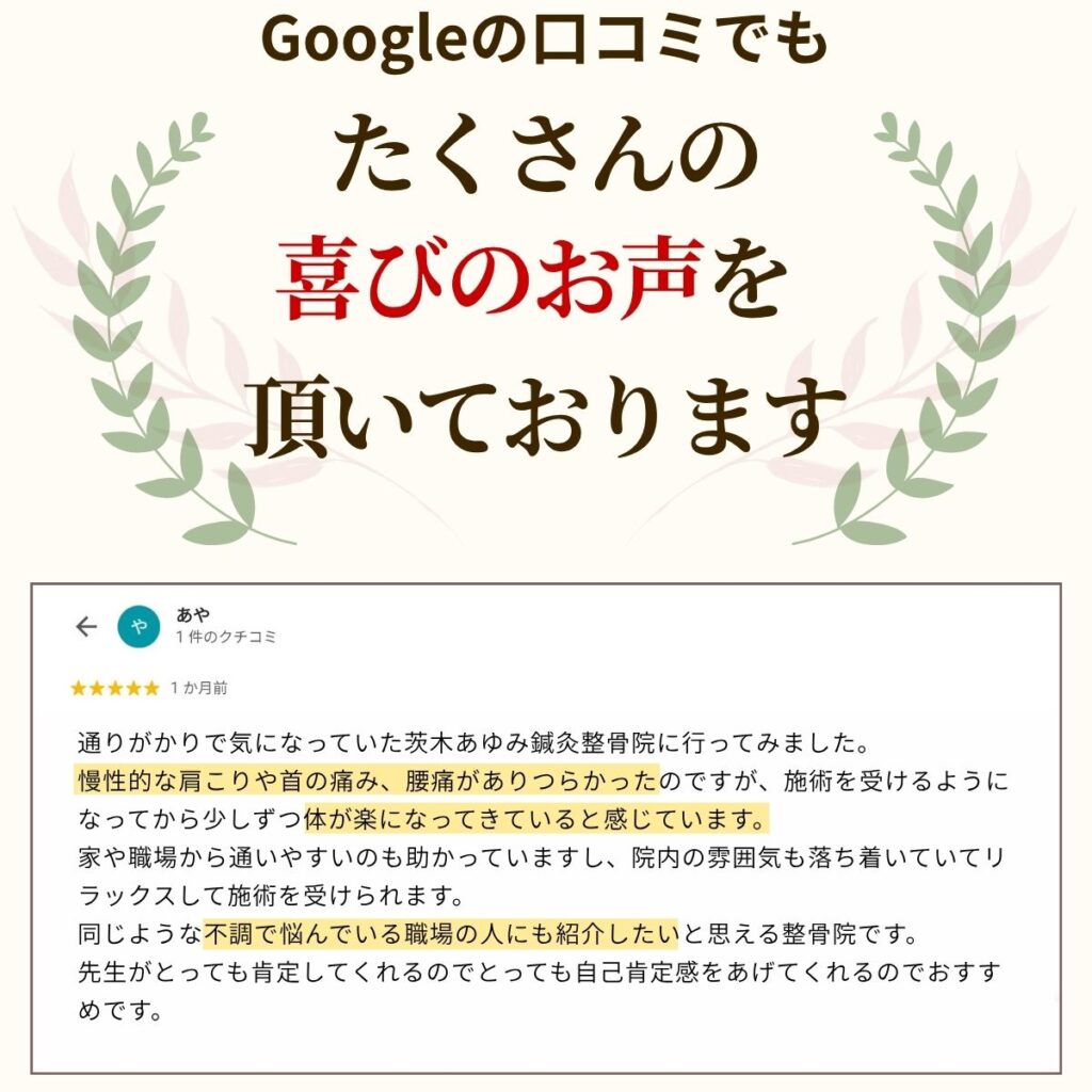 Googleの口コミの喜びの声の紹介タイトルと茨木あゆみ鍼灸整骨院で肩こり、腰痛が大きく改善したという１人分の口コミの画像